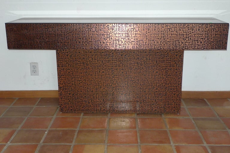 Modern Pedestal Console Table Clad in Embossed Copper
