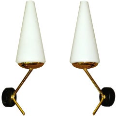 Pair of French Modernist Brass Sconces with Conical Opaline Shades
