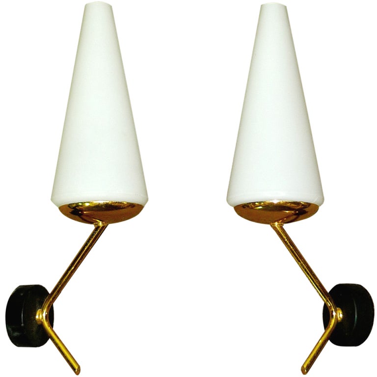 Pair of French Modernist Brass Sconces with Conical Opaline Shades