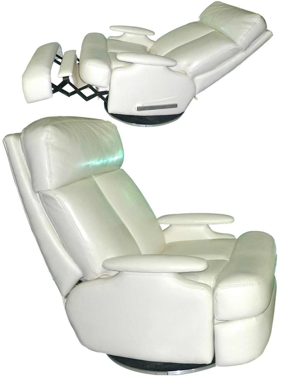 Pair of 1980's Reclining Swivel White Leather Lounge Chairs