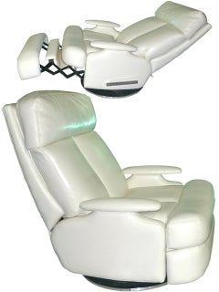 Pair of 1980's Reclining Swivel White Leather Lounge Chairs