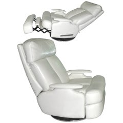 Pair of 1980's Reclining Swivel White Leather Lounge Chairs 10