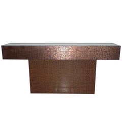 Pedestal Console Table Clad in Embossed Copper