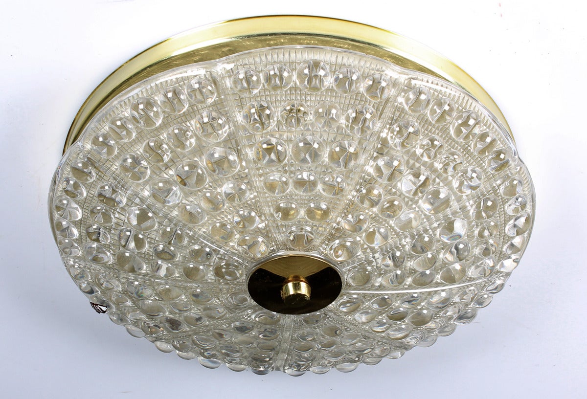 Crystal and brass flush mount ceiling light by Carl Fagerlund for Orrefors, Sweden, early 1950s.