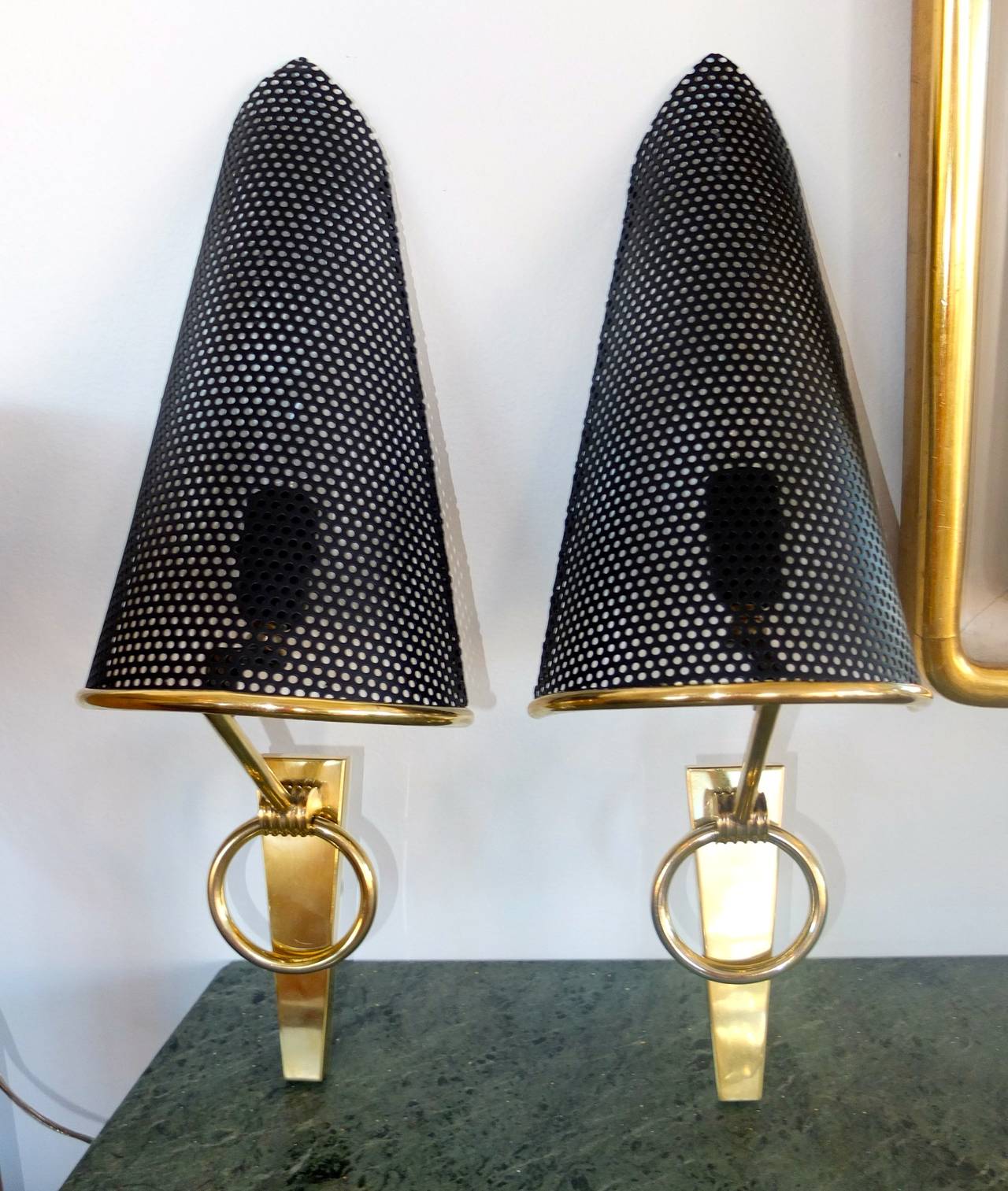 Mid-Century Modern Pair of 1950's Lunel Sconces with Perforated Metal Shades
