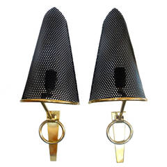 Pair of 1950's Lunel Sconces with Perforated Metal Shades