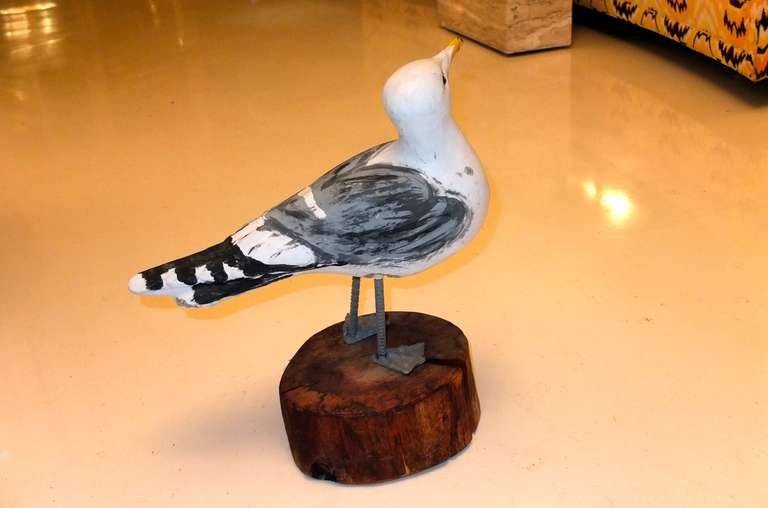Folk Art Vintage Life-Sized Painted Cement Seagull, Signed