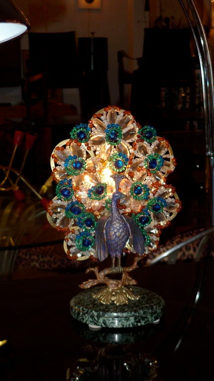 Art Nouveau Bohemian Bronze and Beaded Glass Peacock Lamp For Sale