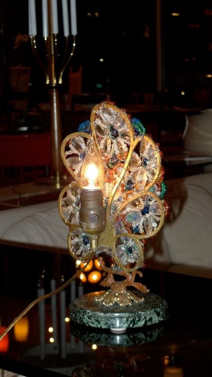 Bohemian Bronze and Beaded Glass Peacock Lamp In Good Condition For Sale In Hanover, MA