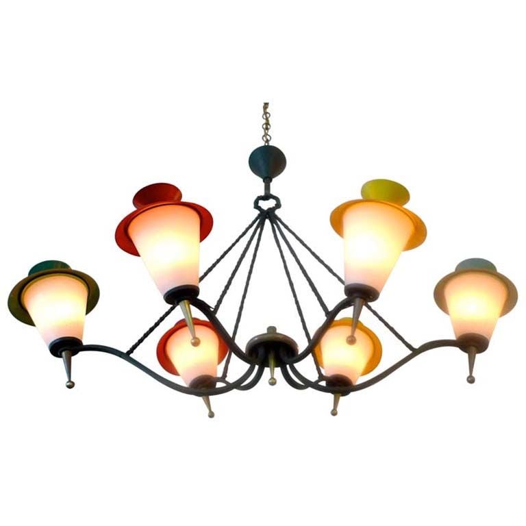 Grand French 6 Lantern Chandelier by Arlus (Pair) For Sale