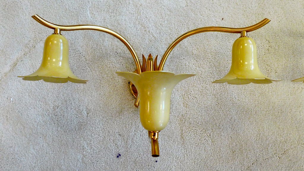 We have two pair of these 1950s Italian three-light sconces in the manner of Angelo Lelii for Arredoluce.
Scrolled brass arms support three original ivory enameled aluminum shades each shaped like a lily of the field. 
Can be mounted either two up