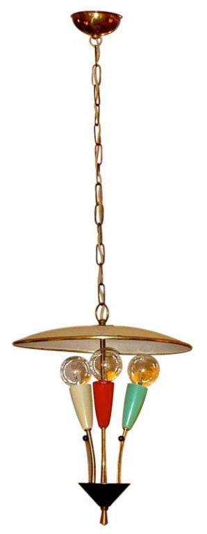 Sweet, petite and colorful, this charming Italian 1950's pendant lantern looks like three tulips under an umbrella.  In the manner of Stilnovo.<br />
<br />
The height with the existing chain length is 31