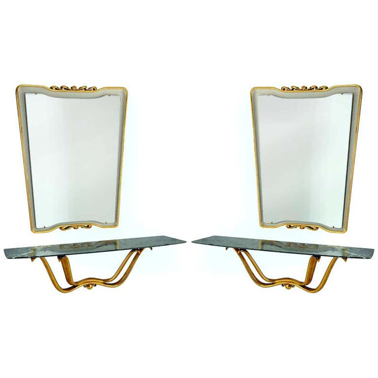 Pair Osvaldo Borsani Rare Mirrors with Floating Consoles 