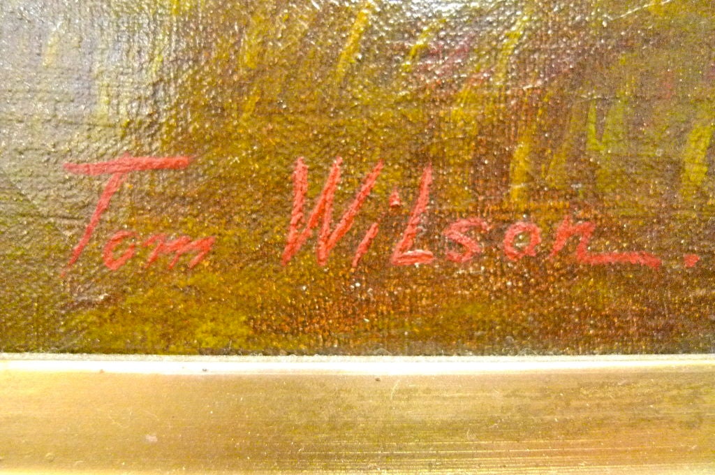 Olio su tela del pittore americano Tom Wilson, splendidamente presentato, raffigurante un'idilliaca scena fluviale arcadica con rovine classiche e castello e la figura solitaria di una donna in abiti popolari... forse fiamminga o del Nord Europa. 