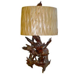 Vintage Driftwood Table Lamp with Woven Shade