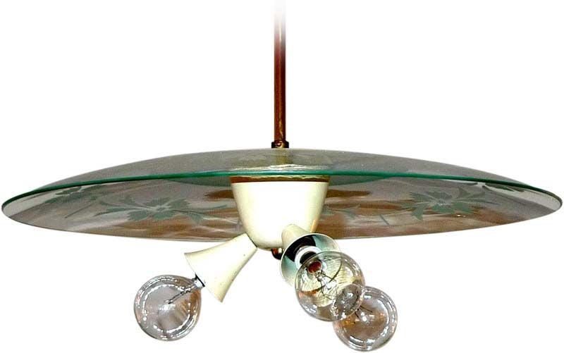 Post-War modernist flying saucer chandelier with dish shaped etched glass reflector suspended from long brass pole above three trumpet sockets (which match the ceiling cap).<br />
<br />
Length of brass rod can be shortened to your needs.