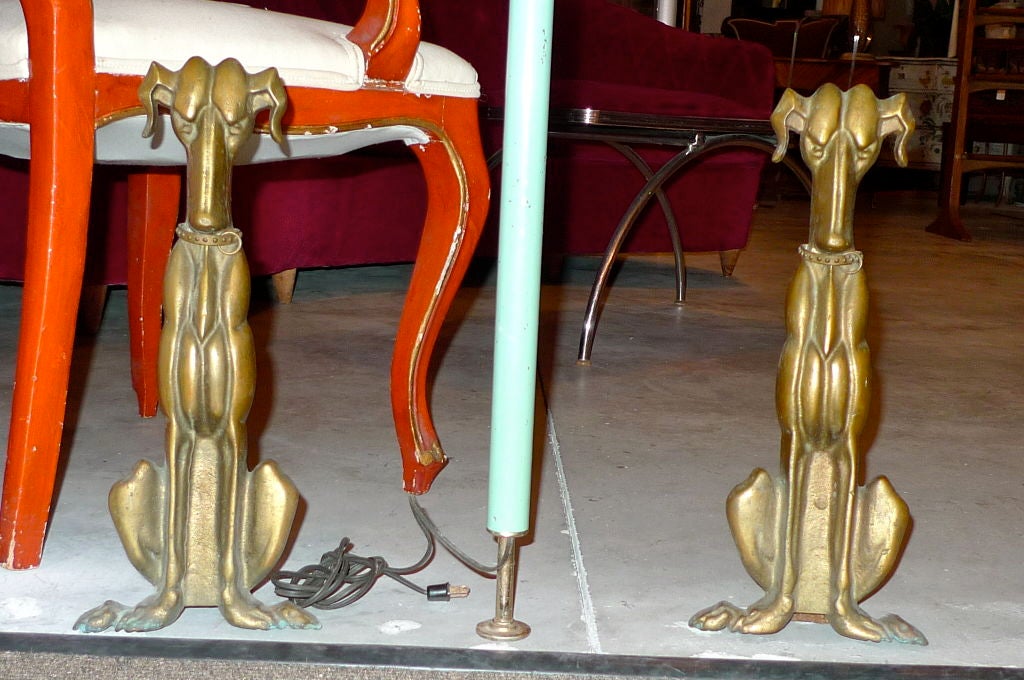 Pair of Cast Bronze Andirons in form of Dogs, Marked RBA