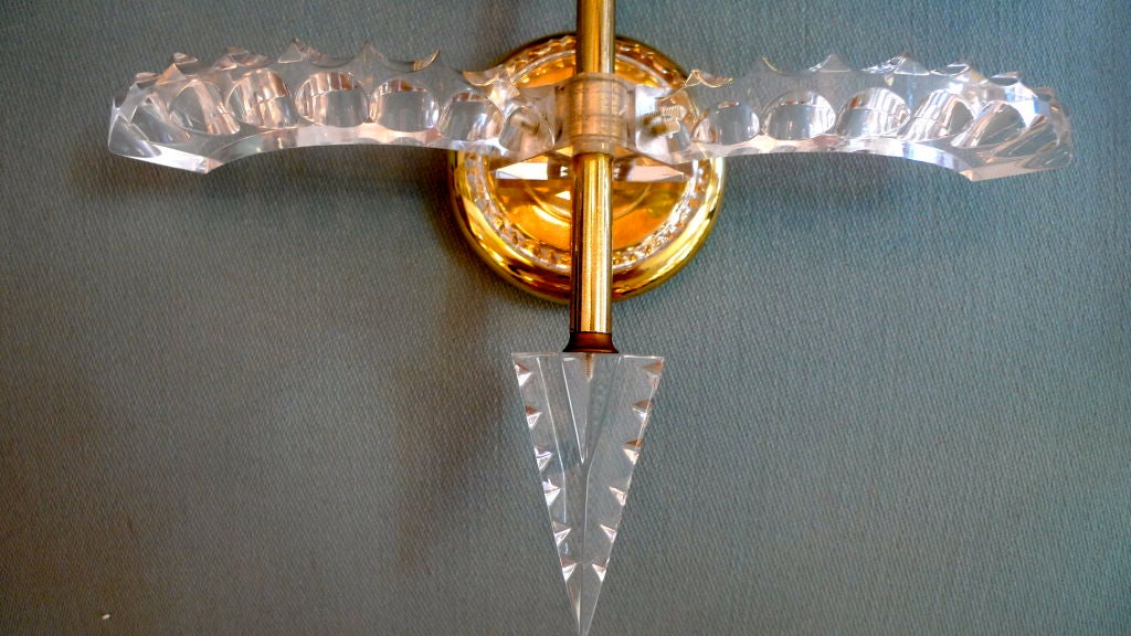 Brass French 1950's Faceted Lucite Wall Sconce