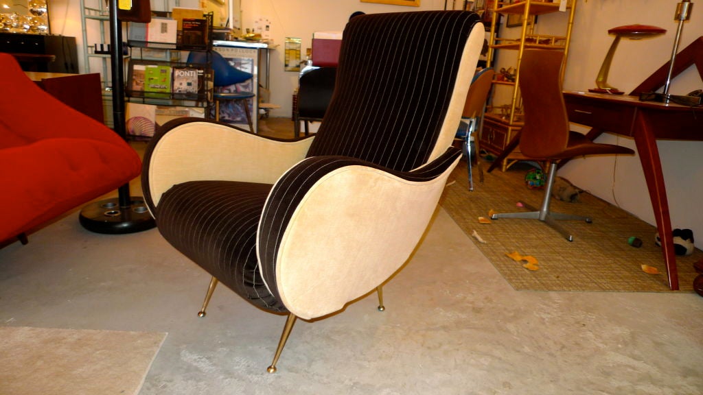Outstanding Italian 1950's lounge or club chair. Similar lines to to designs by Marco Zanuso and Fabio Lenci. <br />
<br />
Fresh from my upholsterer. Custom two-tone velvet upholstery in dark brown City of London banker's pinstripe with cream.
