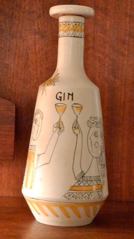 Hand painted ceramic Gin decanter by Raymor Italy