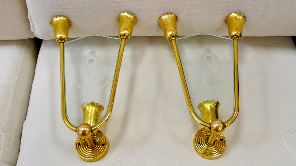 Pair of Italian Brass & Etched Glass Sconces 3