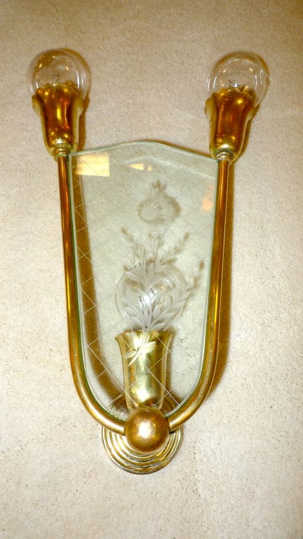 Pair of Italian Brass & Etched Glass Sconces 4