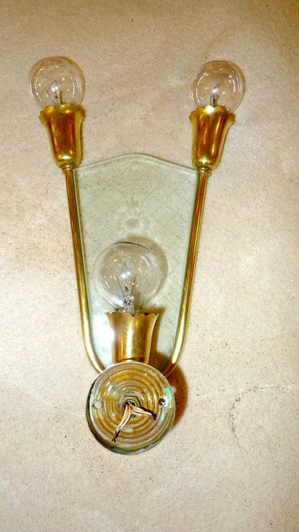 Pair of Italian Brass & Etched Glass Sconces 6