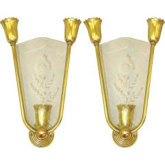 Pair of Italian Brass & Etched Glass Sconces