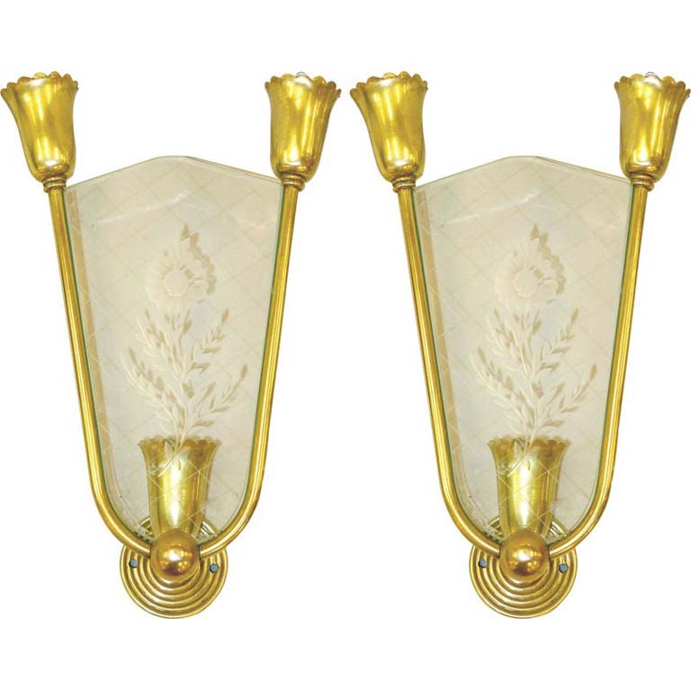 Pair of Italian Brass & Etched Glass Sconces