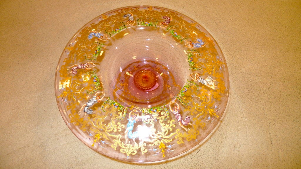 Beautifully and ornately hand painted and hand blown Venetian art glass compote centerpiece by Salviati of Murano (label in tact)