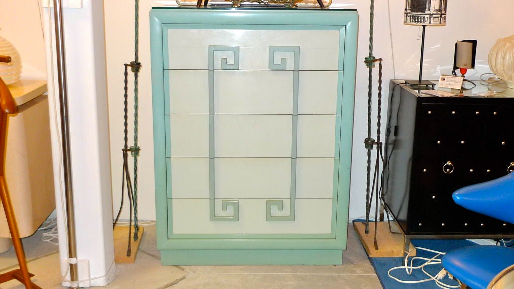 Greek Key two-tone lacquer tall dresser from the iconic Kittinger Mandarin Collection of 1947, inspired by the exotic modernist works of James Mont.<br />
<br />
Extremely solid and well constructed.  Several of the drawers have dividers and tray
