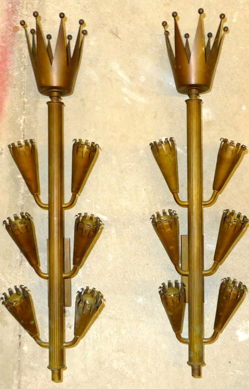 Brass Pair of Large French Sconces with Vicomte Crowns For Sale