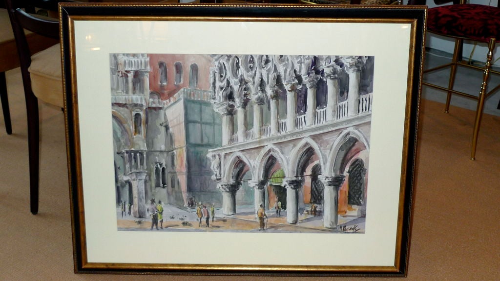 Aquarelle du milieu du siècle représentant la place Saint-Marc et le palais des Doges (Palazzo Ducale). Signé A. Missinato.<br />
<br />
Figures au premier plan portant la mode des années 1960.<br />
<br />
Si vous aimez Venise et que vous vous