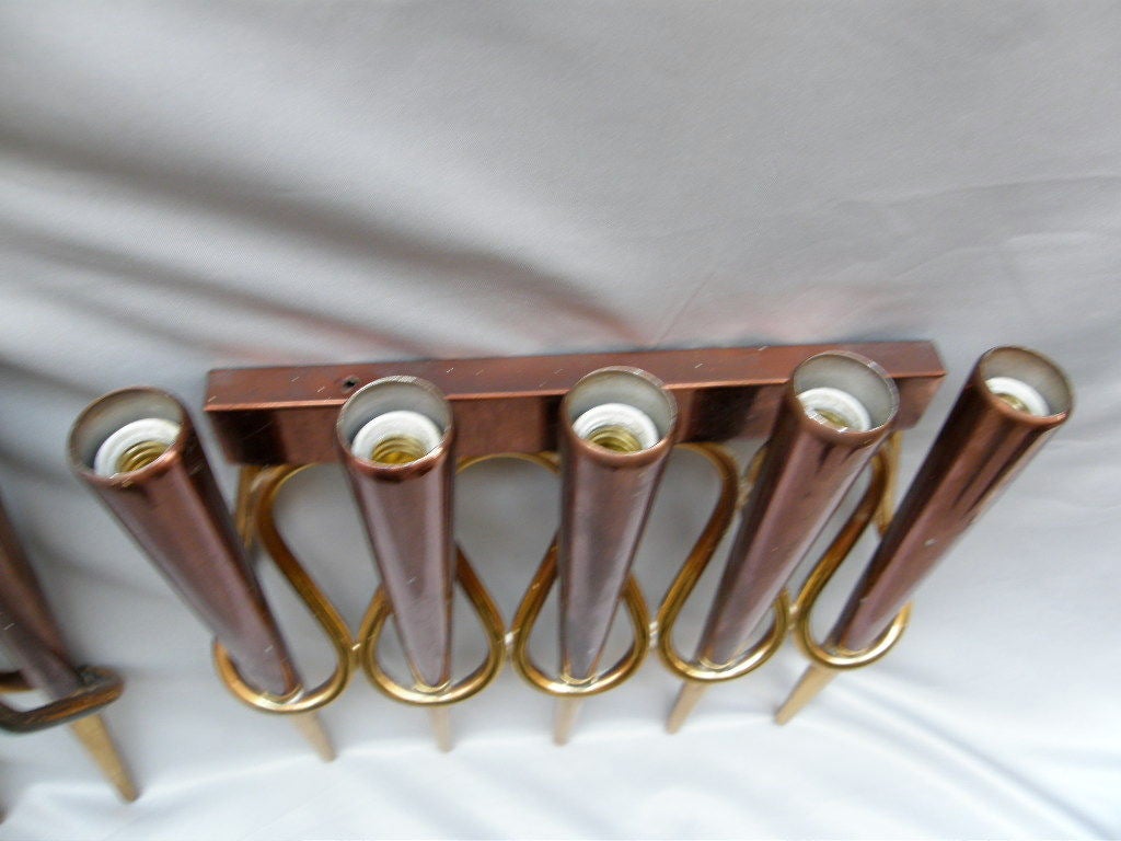 A Pair of Copper & Brass Sconces in the Style of Giò Ponti For Sale 9