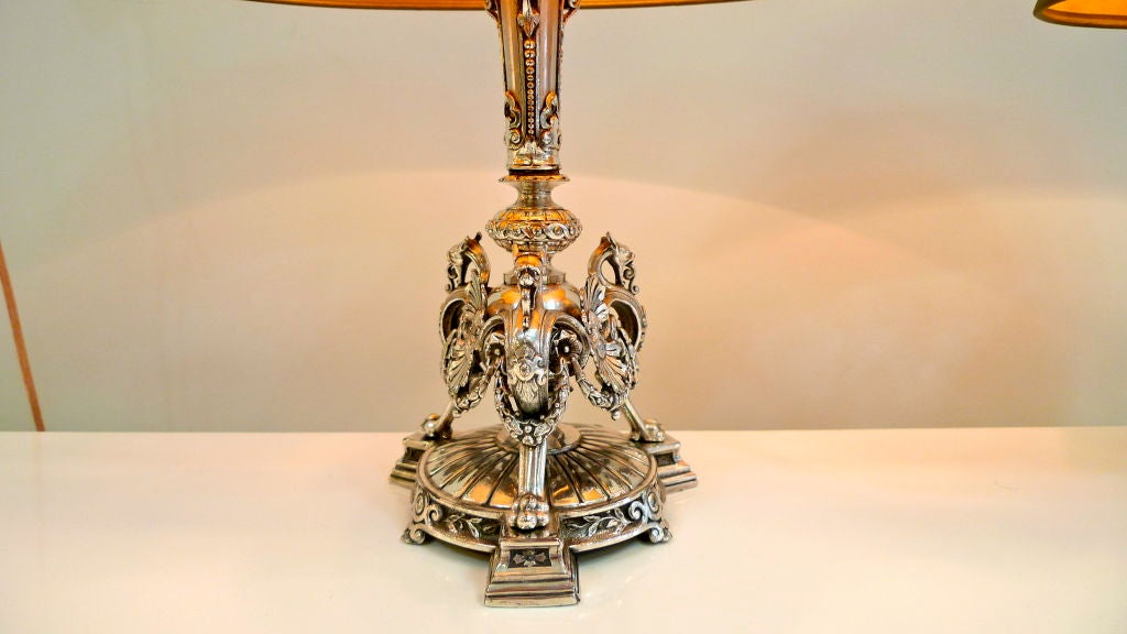 Pair of Silver Plated Tri-form Griffin Lamps In Good Condition For Sale In Hanover, MA