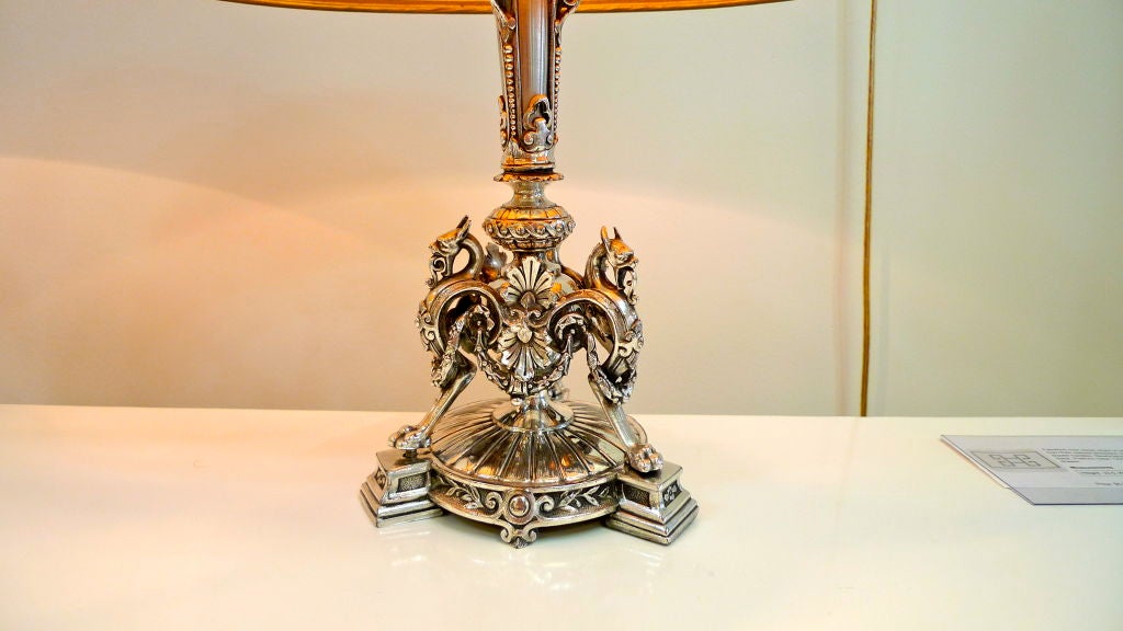 19th Century Pair of Silver Plated Tri-form Griffin Lamps For Sale