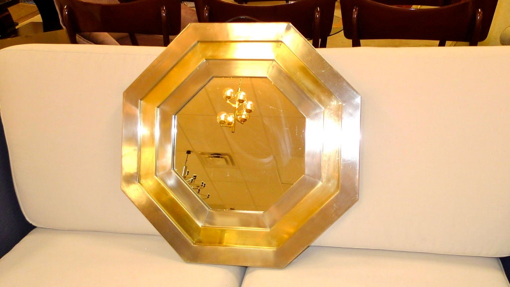 French 1970s Stainless & Brass Octagonal Mirror After Maria Pergay For Sale 1