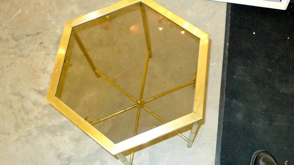 American Pair of Mastercraft Brass Hexagonal Faux Bamboo Side Tables