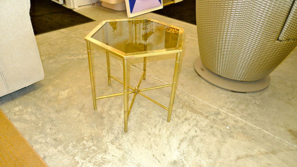 Pair of Mastercraft Brass Hexagonal Faux Bamboo Side Tables 1