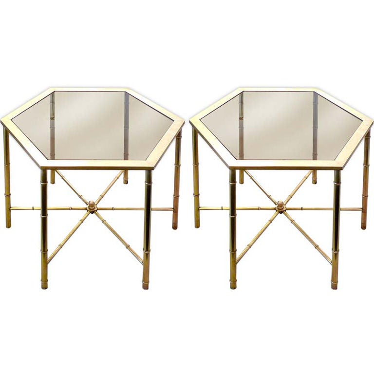Pair of Mastercraft Brass Hexagonal Faux Bamboo Side Tables