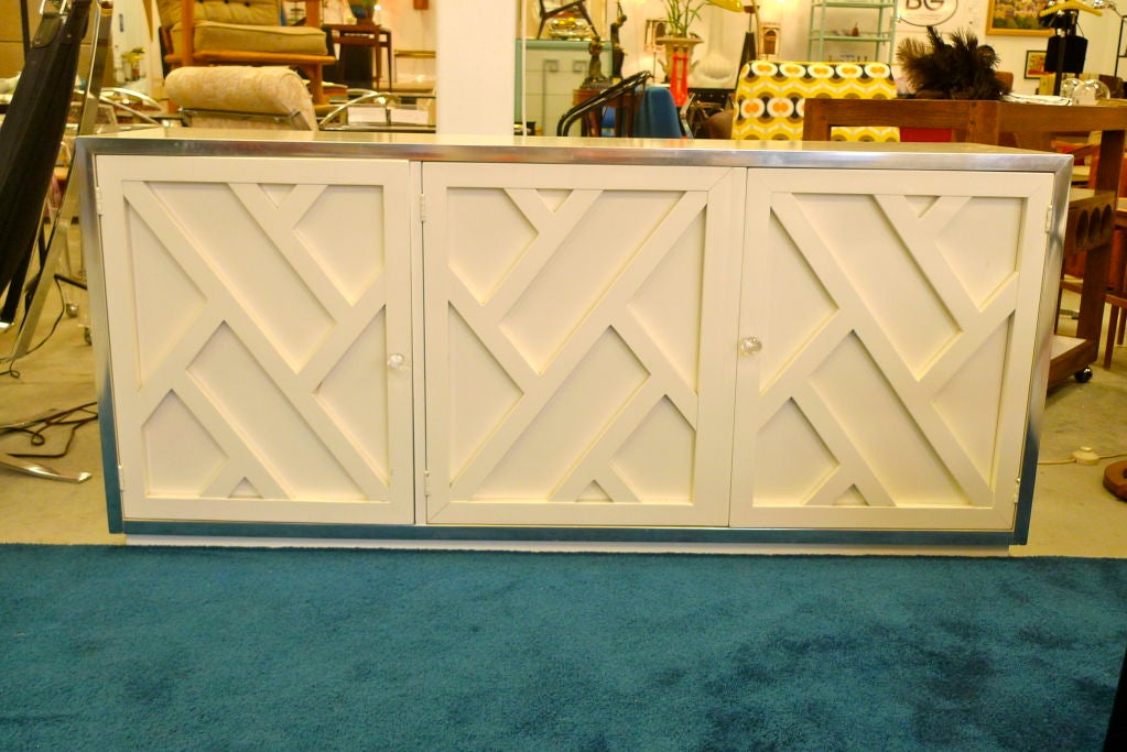 American Chrome & White Lacquer Trellis Front Credenza by Thomasville