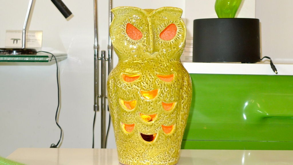 Glazed red clay table lamp in form of an owl, marked 