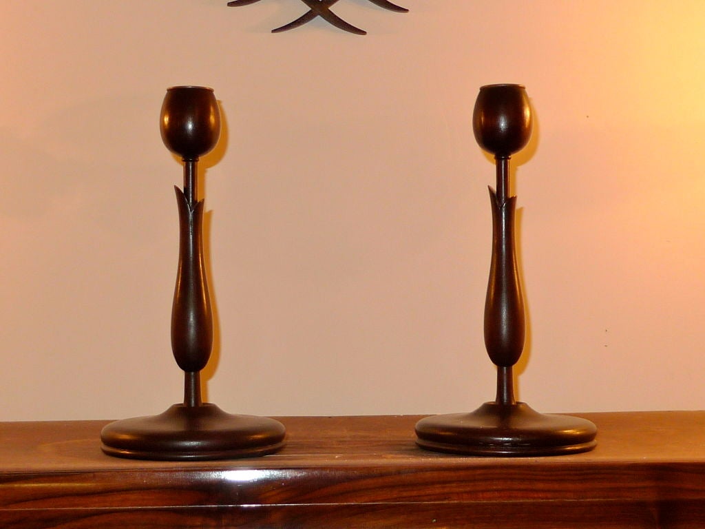 Pair of Mahogany Tulip Candlesticks 1