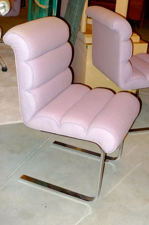 Set of 10 Lugano Chairs by Leon Rosen for Pace Collection.  Produced by Mariani Italy. Channel tufted upholstered seat on cantilevered chromed flat bar steel.  2 Arm chairs and 8 side chairs available.  4 side chairs are in lavender wool.  The rest