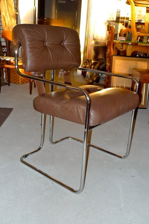 Tucroma Dining Chairs — Designed by Guido Faleschini in 1972 and produced in Italy by Mariani for Leon Rosen's Pace Collection.<br />
<br />
Set of six in coveted chocolate brown leather.<br />
<br />
Upholstered seat and back cushions sit atop