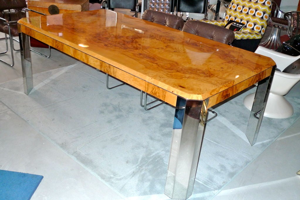 SATURDAY SALE PRICE - no further discount


Spectacular!  Non-extending dining table (conference table or executive desk) by Leon Rosen for Pace Collection.  The book matched burl is remarkable.  Trapezoidal chrome (or nickel) legs which rise high