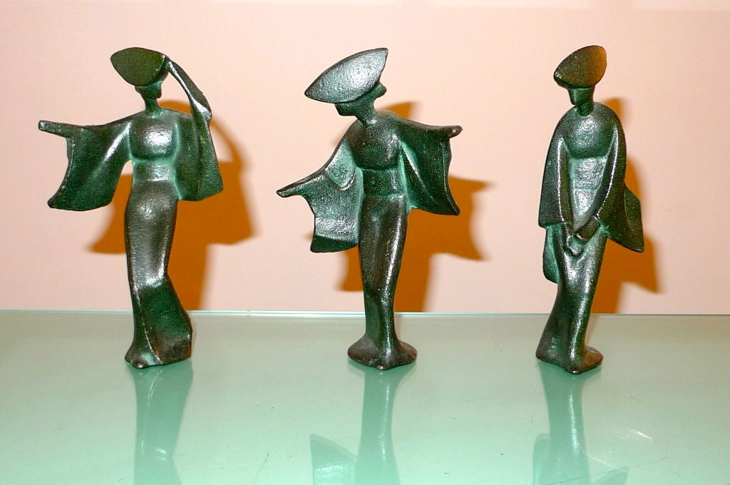 Mixed Group of Brutalist Cast Iron Geisha Figures 1