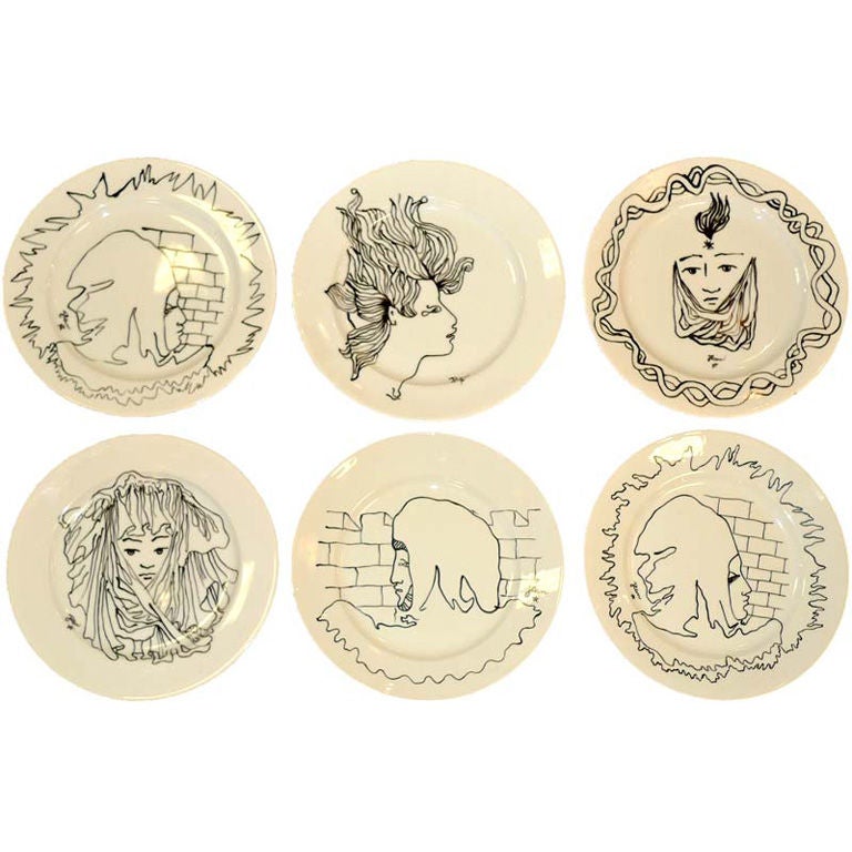Set of 6 Limoges Plates by Jean Cocteau for Christofle