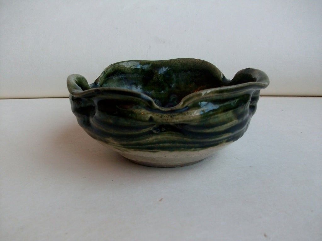 18th Century-Edo Period Japanese Small Oribe Bowl. Excellent example showing the green copper glaze and bold painted pattern.