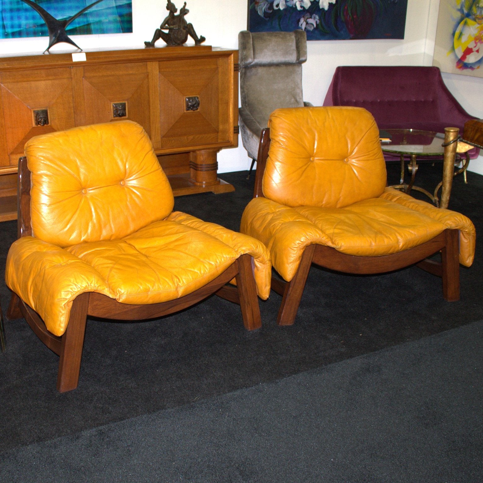 in the St of Percival Lafer Pair of Tropical wood and leather Armchairs